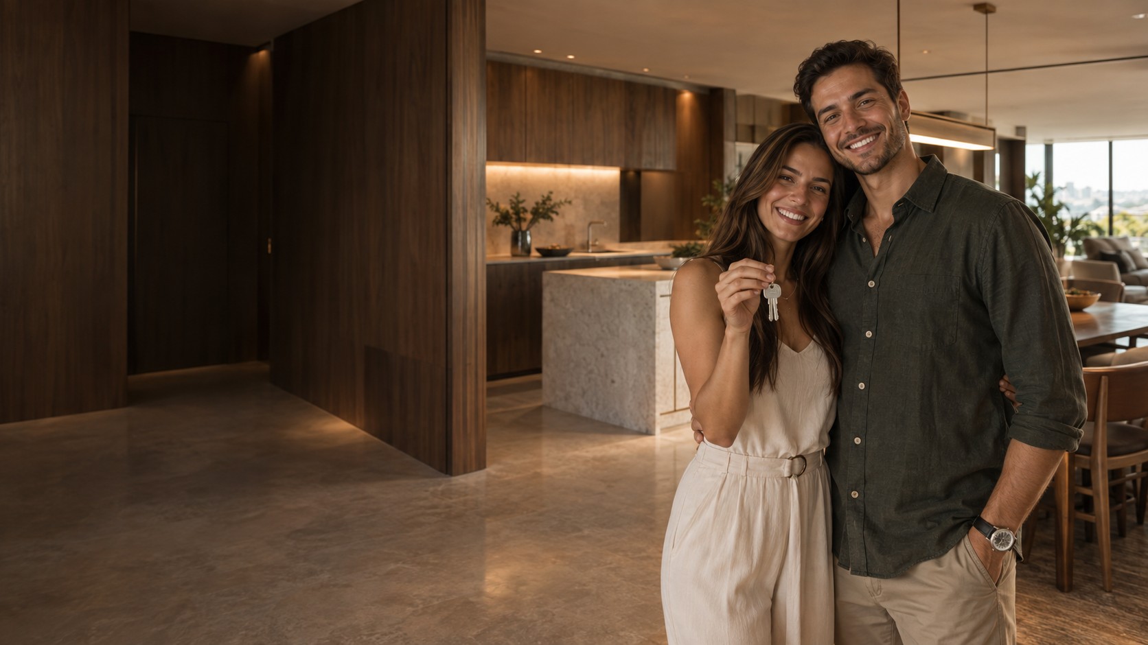 Casal feliz com as chaves da nova casa em ambiente planejado