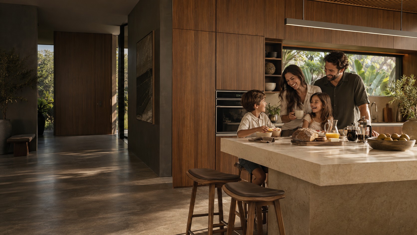 Família feliz reunida em uma cozinha planejada elegante