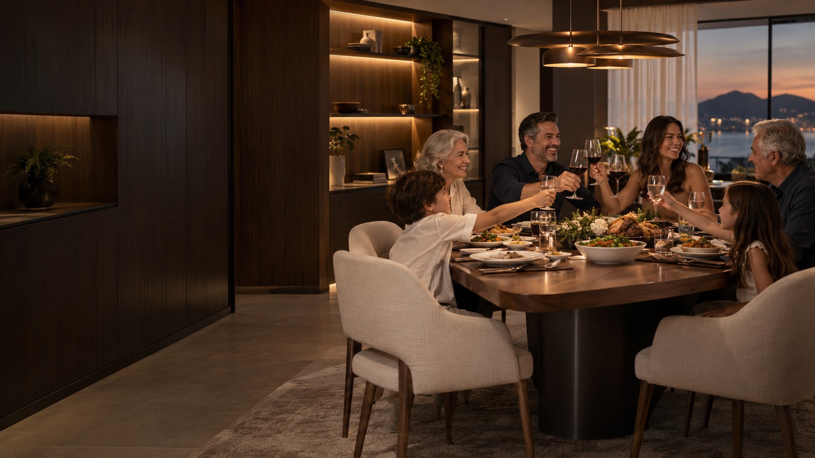 Família celebrando um jantar especial em uma sala de jantar sofisticada