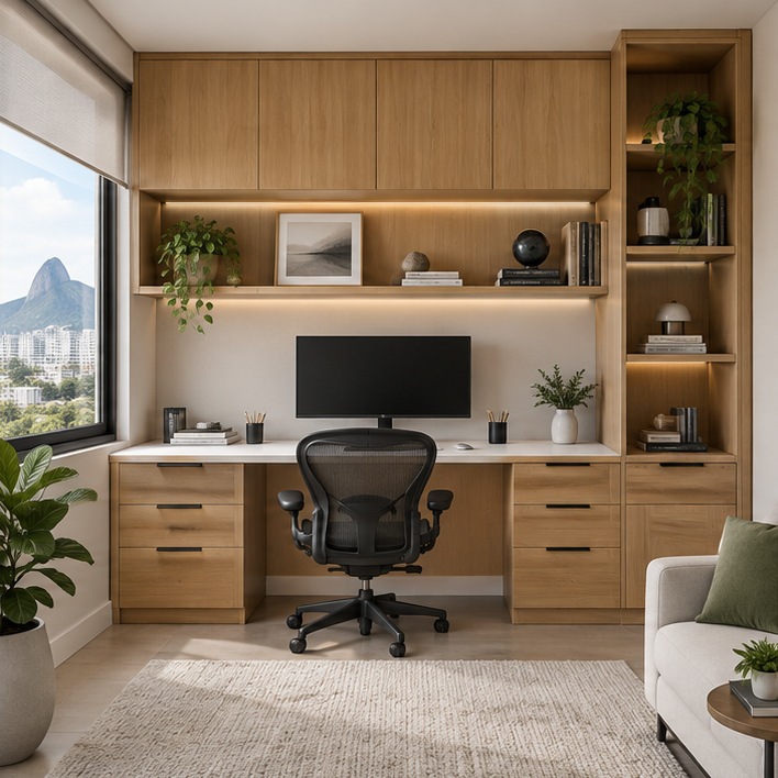 Home office com marcenaria em Freijó natural