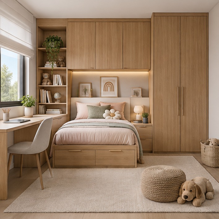 Quarto infantil com marcenaria em Freijó natural