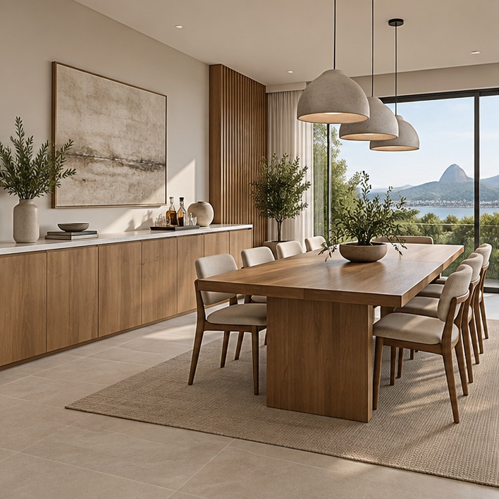Sala de jantar com marcenaria em Freijó natural